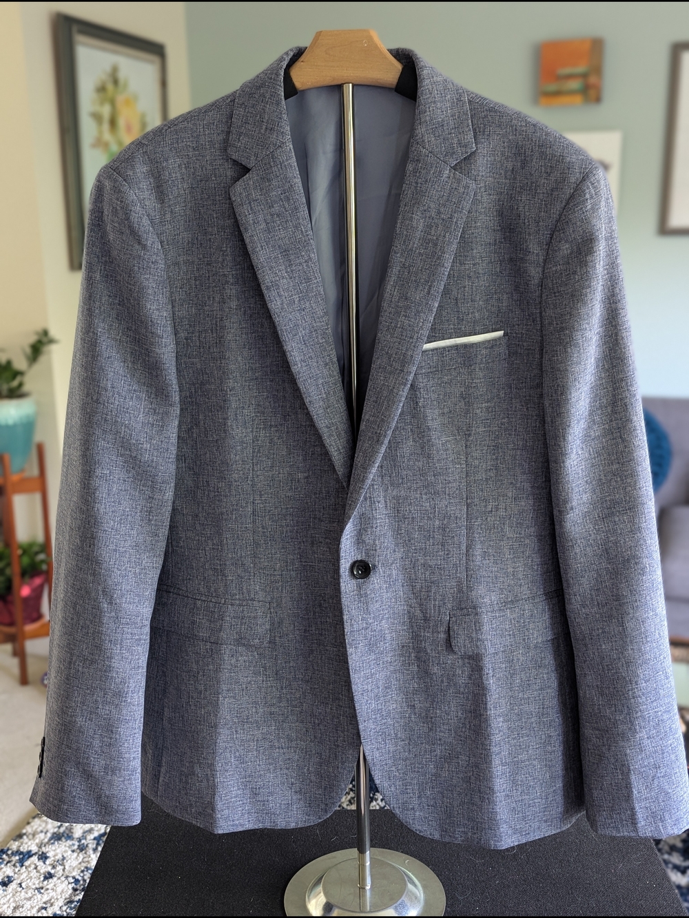 Men's Blue And Grey Textured Blazer - Classic Single-Breasted Suit Jacket